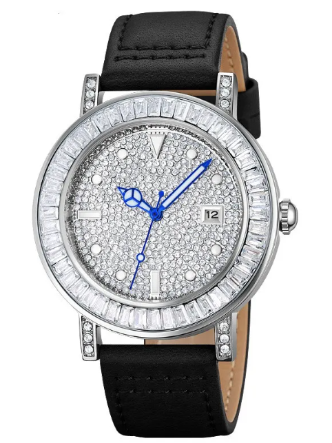 Calenzia Lucepura - Diamond-set Dial, Silver Case, Black Leather Strap - FEMALE