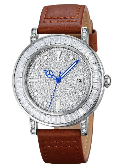 Calenzia Lucepura - Diamond-set Dial, Silver Case, Brown Leather Strap - FEMALE