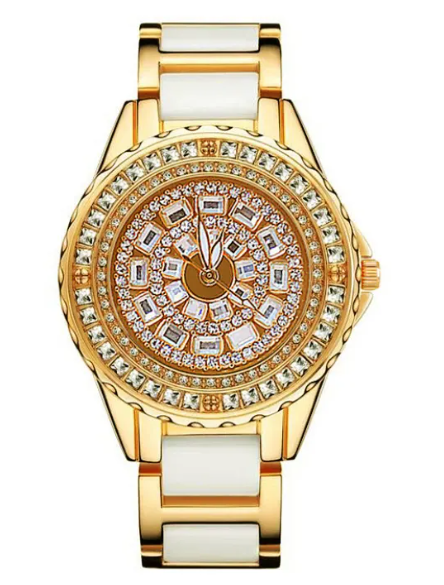 Calenzia Belloro - Full Crystal Dial, Gold Case, White-accented Strap - FEMALE