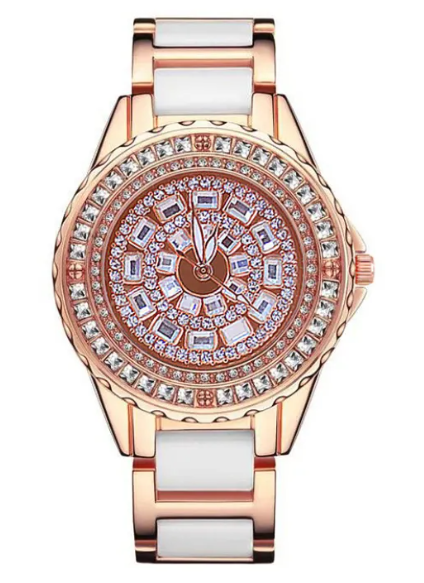 Calenzia Belloro - Full Crystal Dial, Rose Gold Case, White-accented Strap - FEMALE