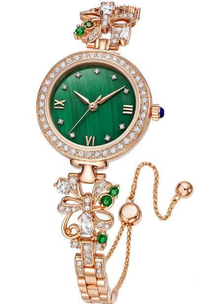 Calenzia Esmeréa - Green Dial, Rose Gold Bezel, Gemstone Bracelet - FEMALE