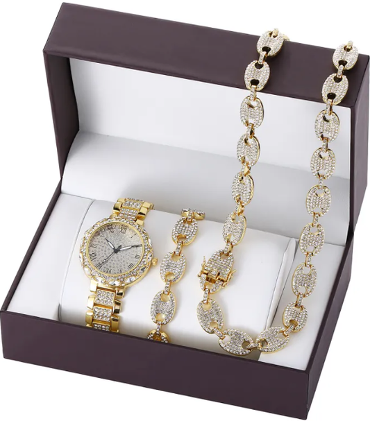 Calenzia Royale Set - Gold Chain, Bracelet, Iced-out Watch - FEMALE