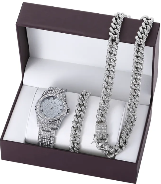 Calenzia Royale Set – Silver Chain, Bracelet, Iced-Out Watch - FEMALE