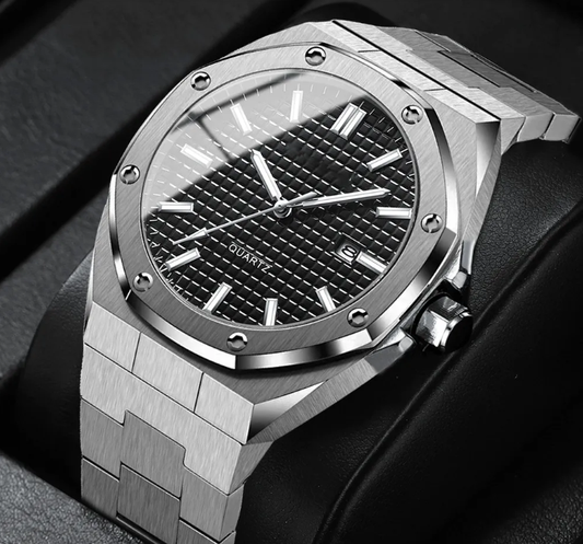 Calenzio Ligne - Silver Case and Bracelet, Black Dial - MEN