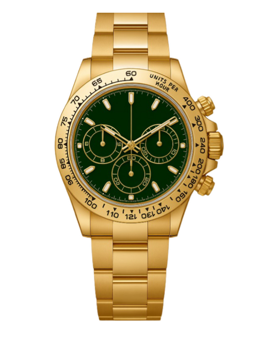 Calenzio Aurex - Green Dial, Gold Case and Bracelet, Chronographic Layout - MEN