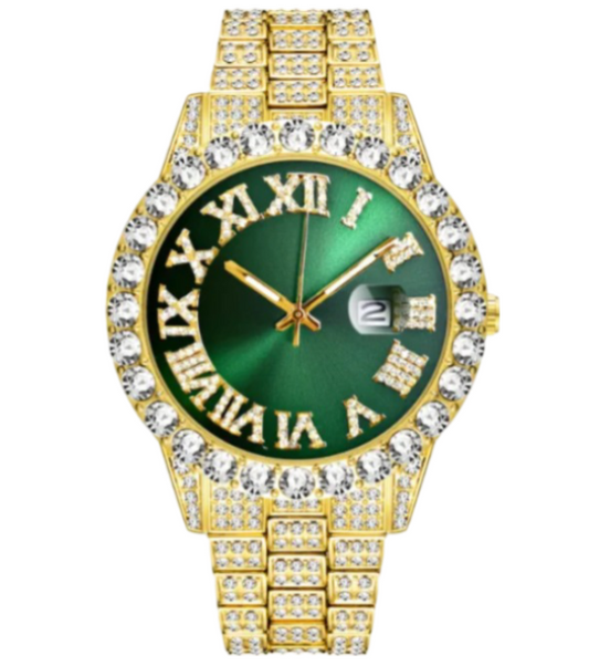 Calenzio Brillante - Diamond-set Case, Green Dial, Gold Strap - MEN